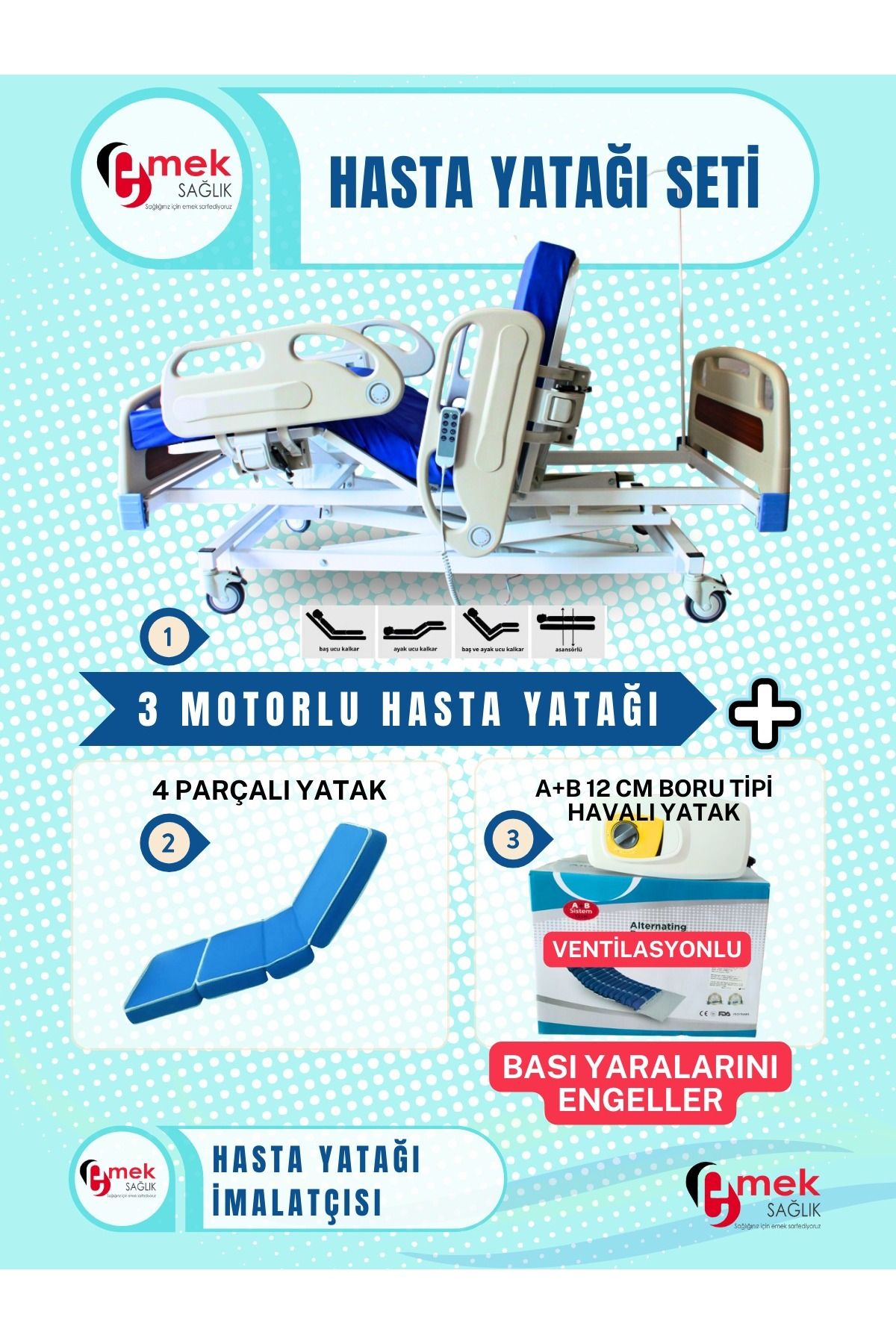 emek sağlık 3 Motorlu Full Abs Hasta Karyolası + 4 Parçalı Yatak + A+B 12 cm Boru Tipi Havalı Yatak