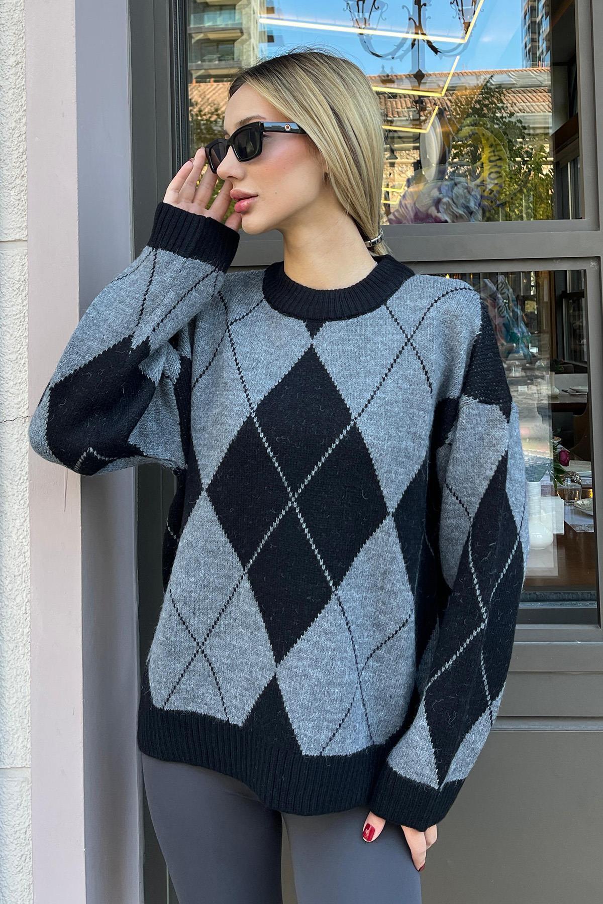 Madmext  Siyah Baklava Desen Kadın Triko Kazak MG2190 - Görsel 8