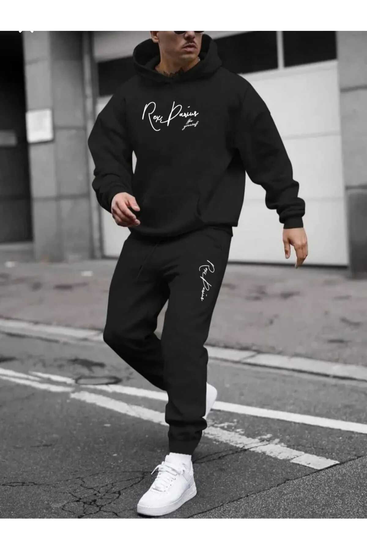 Özel Seri Sevgili Kombini, Kışlık, Pamuklu , Oversize Sweatshirt ve Eşorfman Takım — مشکی CeyasRay
