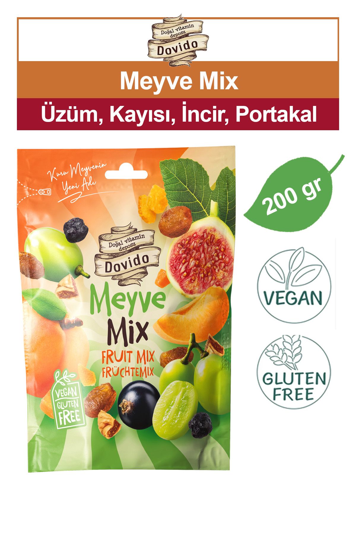 Vegan Meyve Mix 200 gr. | Gluten İçermez Üzüm, Kayısı, İncir, Portakal kuruları