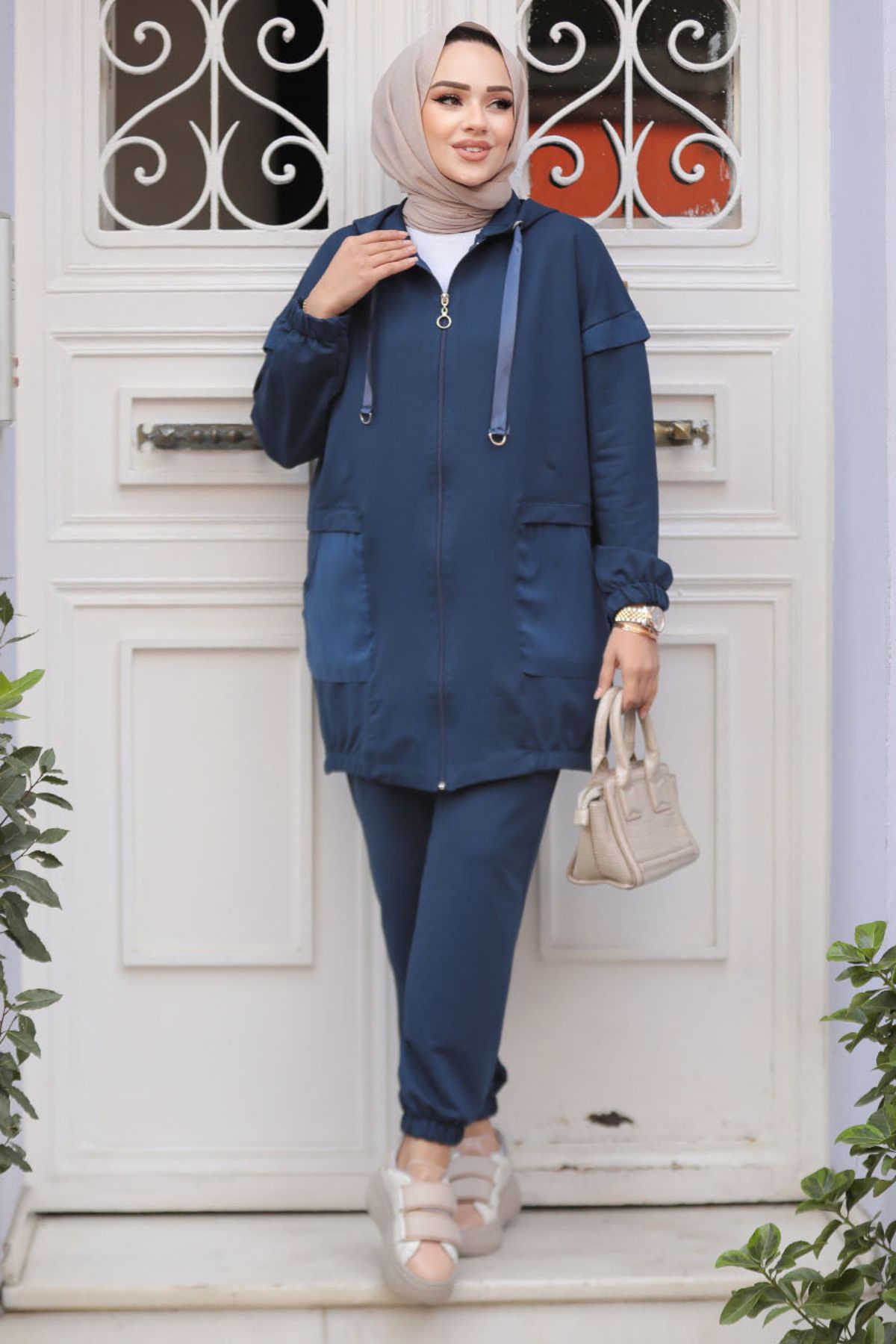 Neva Style-Navy Blue Hooded Hijab Double Set - 20072L 3