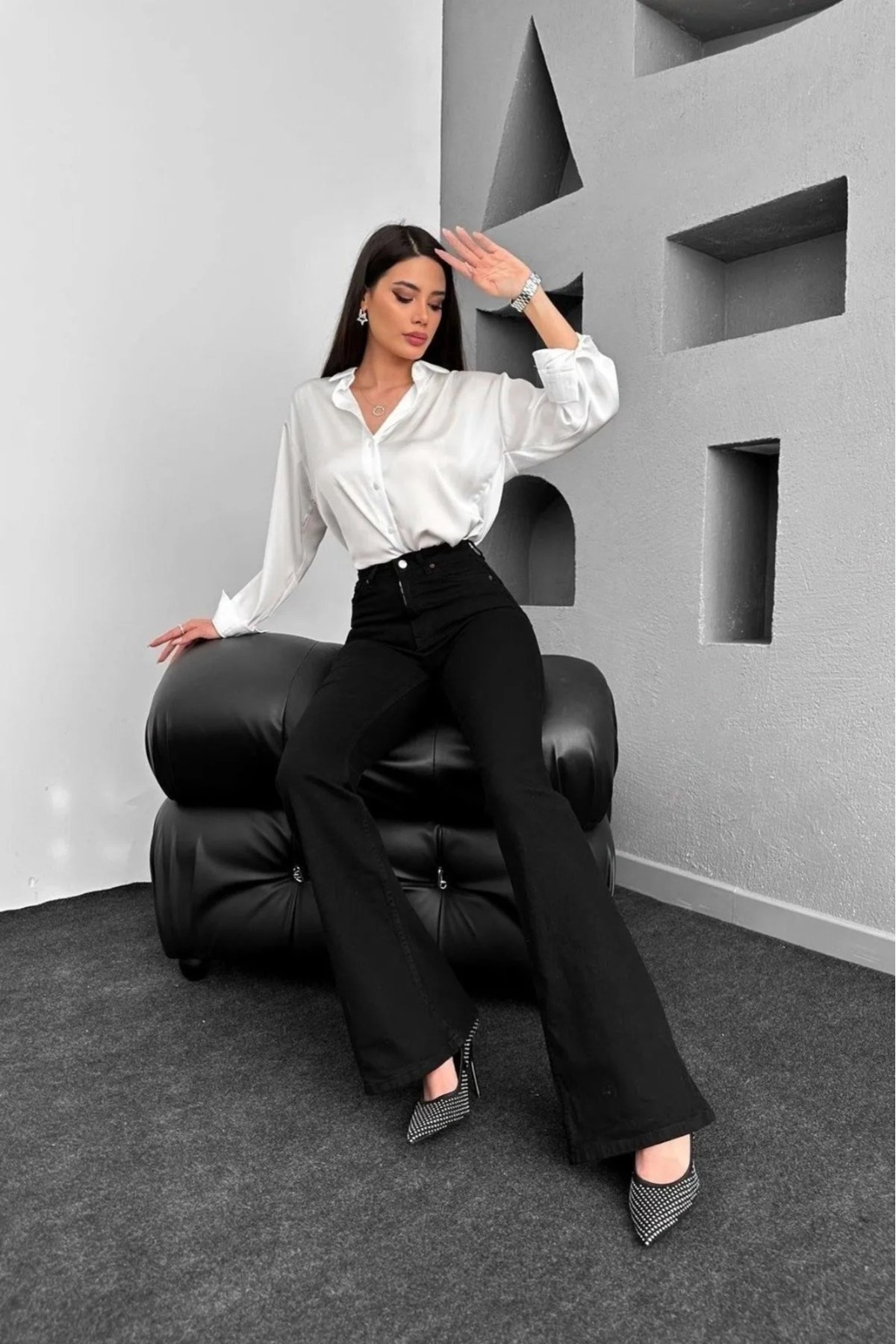 SANTA BELLA  Mizia Siyah Süper yüksek Bel ispanyol Paça Jean Flare Kadın Toparlayıcı Likra Kot Pantolon - Görsel 3