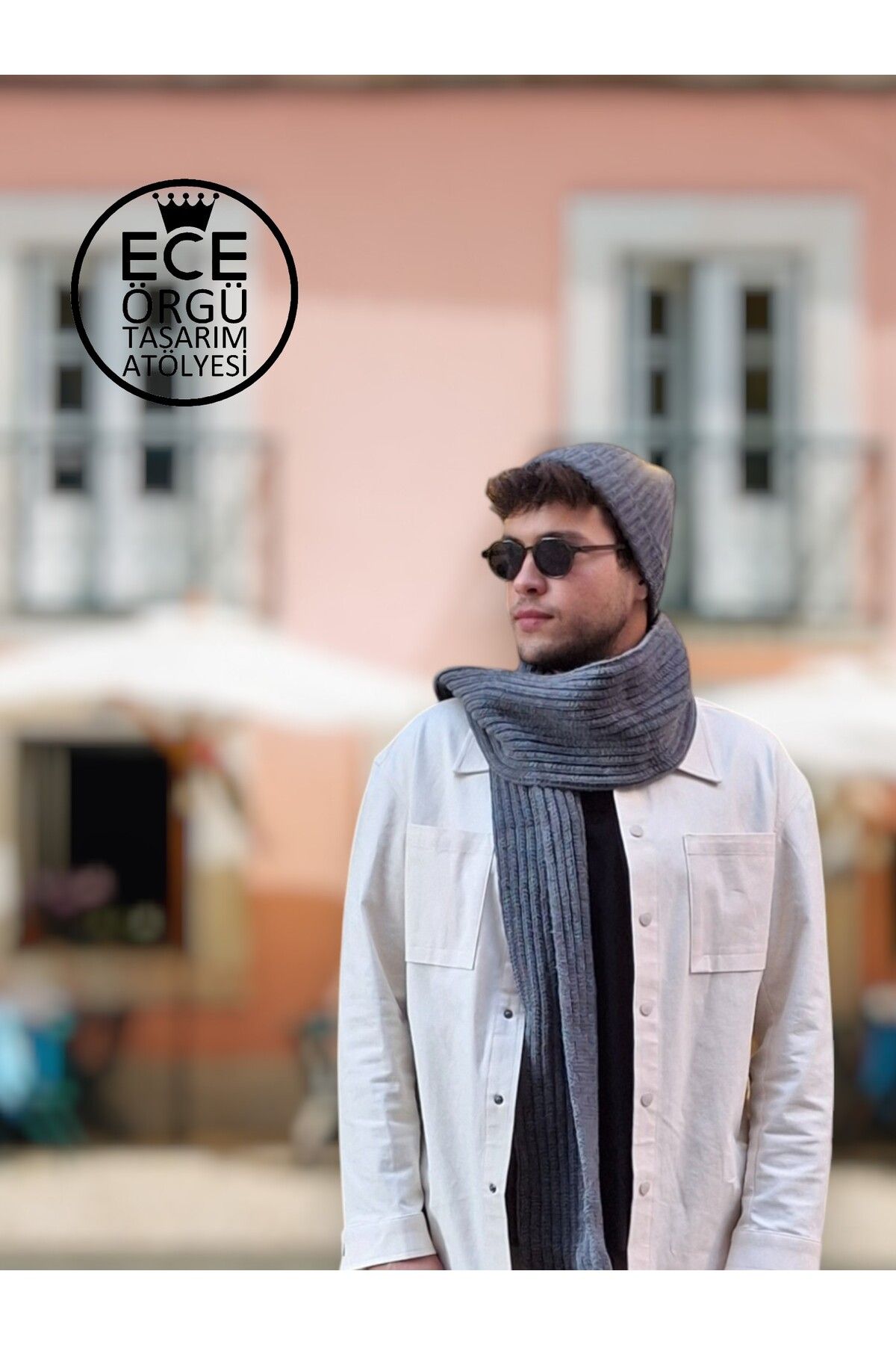 Ece Örgü Tasarım Atölyesi Gri renki yün akrilik karışımı erkek atkı ve bere seti