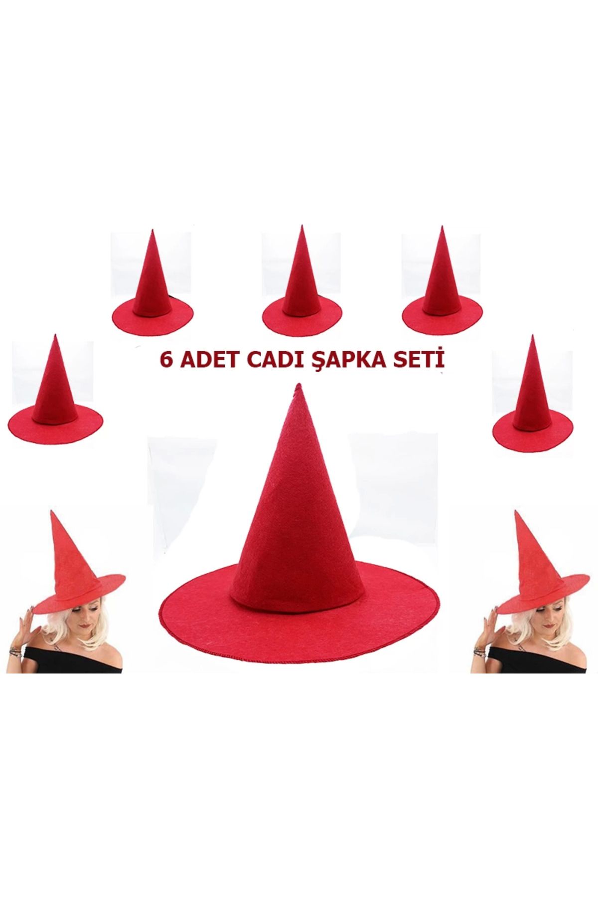 ChenSea Kırmızı Renk Keçe Cadı Şapkası Yetişkin Çocuk Uyumlu 6 Adet - AGT5589-7283