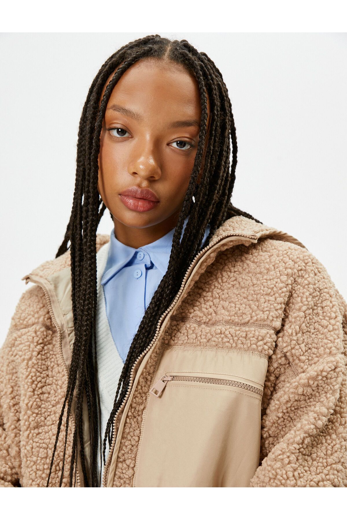 Koton-Hooded Plush Jacket with Zipper and Two Different Fabric Pockets 1