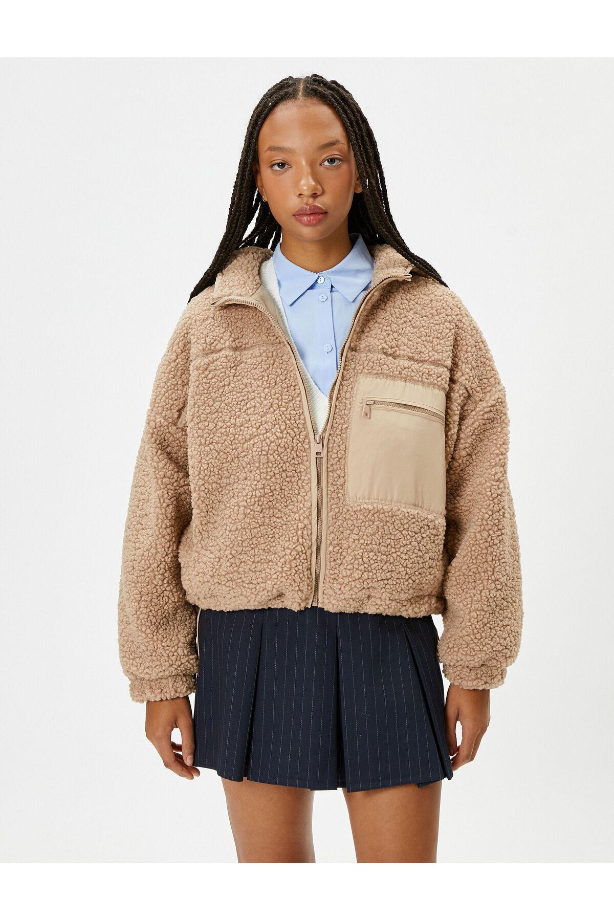 Koton-Hooded Plush Jacket with Zipper and Two Different Fabric Pockets 3