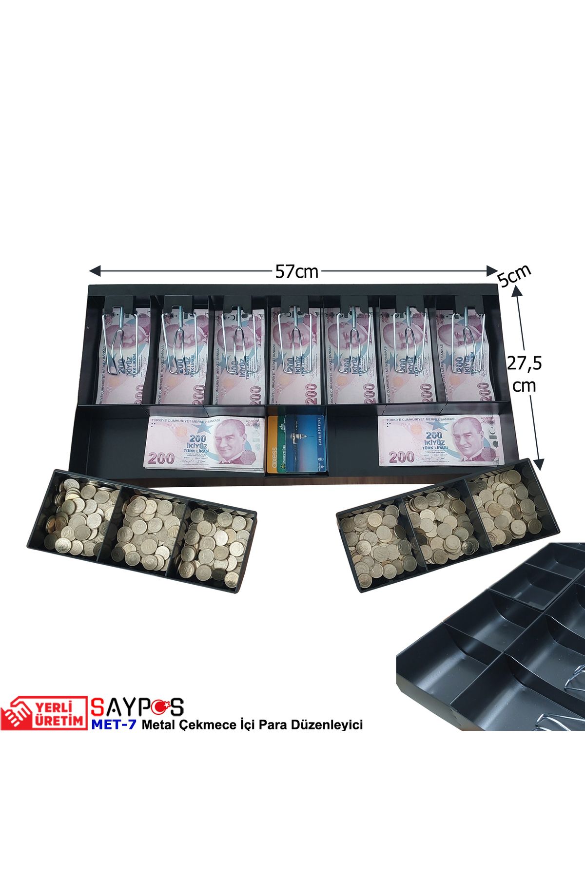 SAYPOS Metal Para Çekmecesi Içi 14 Gözlü Para Düzenleyici 7 Banknot 7 Bozuk Para Bölmeli 57x27,5x5cm