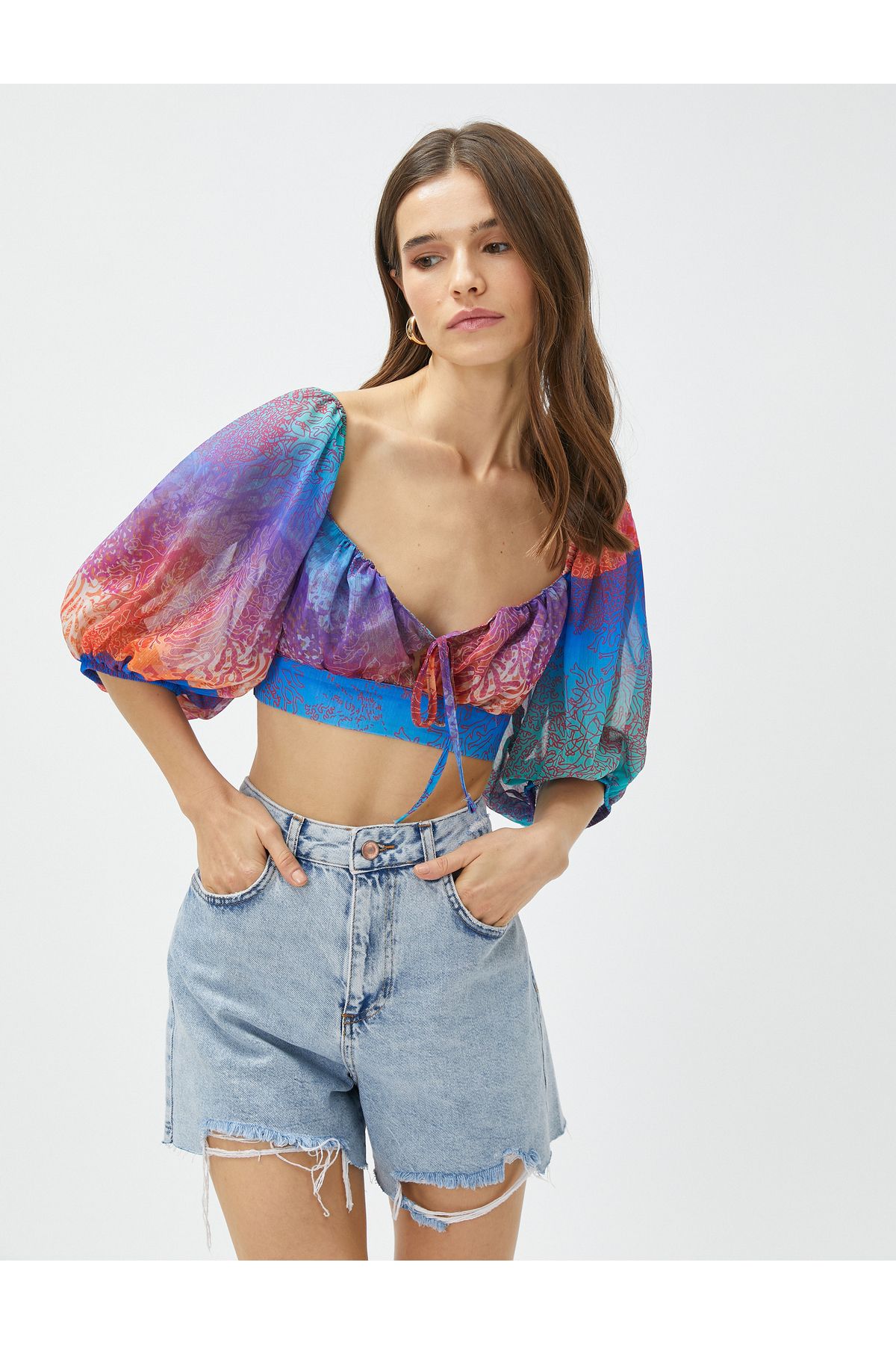 Koton Crop Bluz Etnik Görünümlü Balon Kol