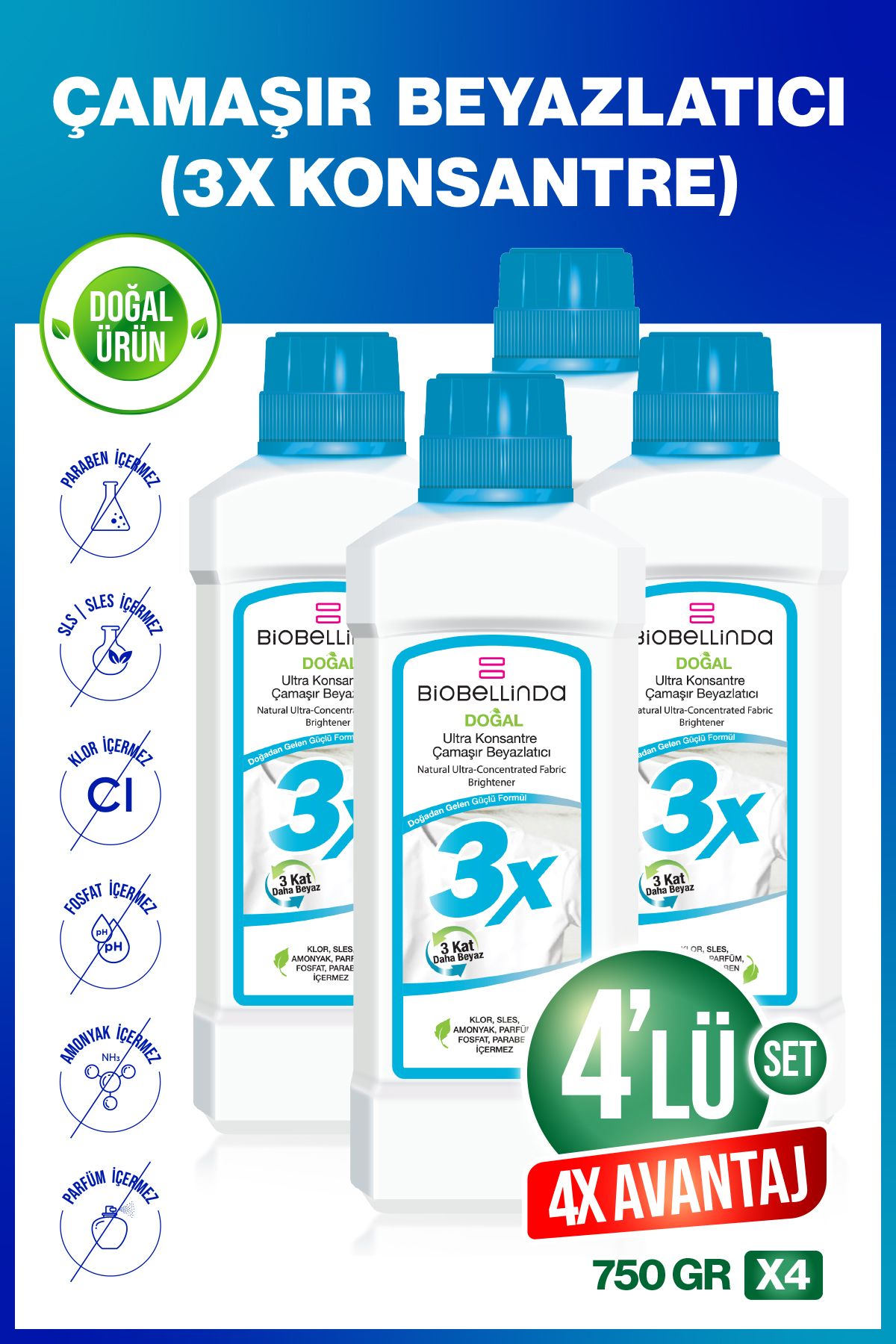 BioBellinda Ultra Konsantre Çamaşır Beyazlatıcı 3x (4 LÜ SET)