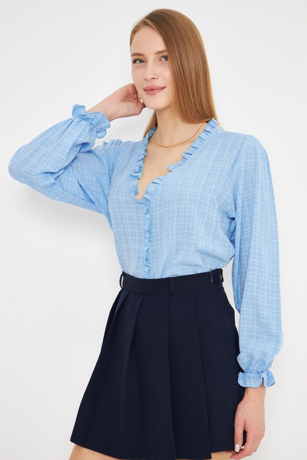 armonika-Baby Blue Ruffle Neckline and Rubber Sleeves Long Blouse - Arm-25K 001030 2