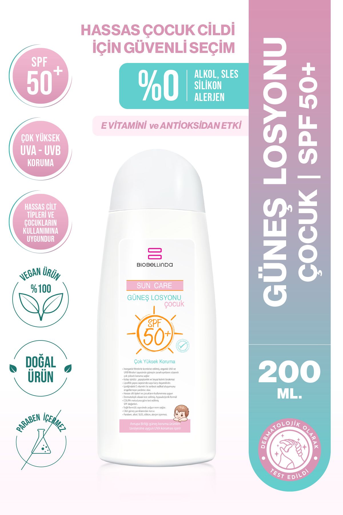 BioBellinda Doğal Içerikli Suya Dayanıklı Çocuk Güneş Losyonu Spf 50+ 200 ml