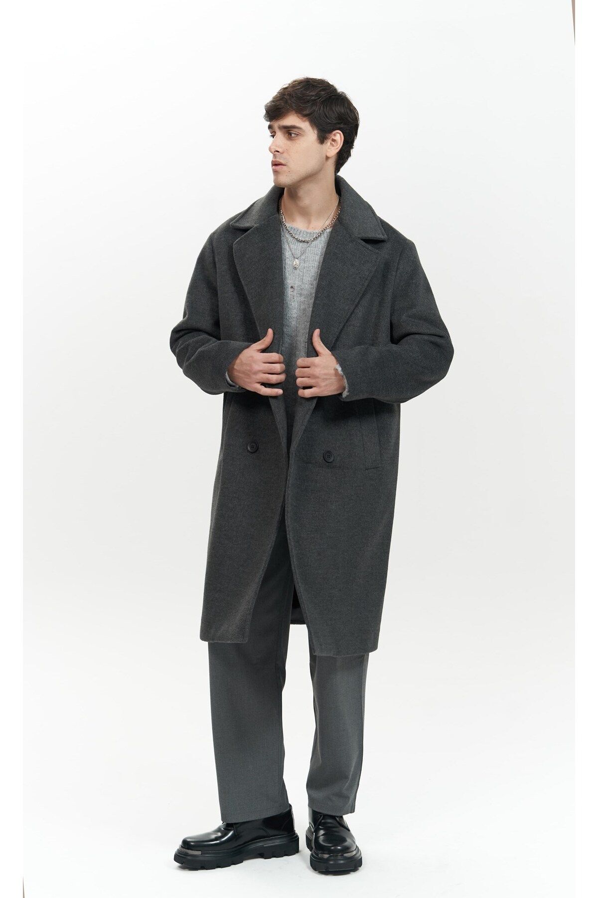 MAİ COLLECTİON-Darian Anthracite Men's Long Coat 6