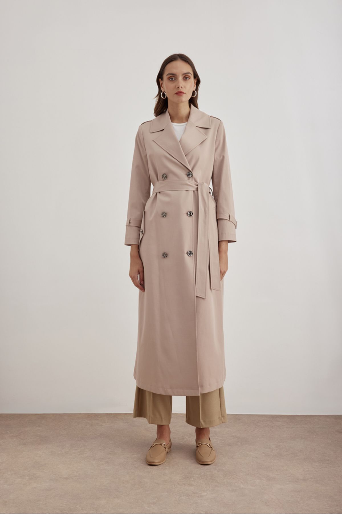 Aker-7648111   - Double-Breasted Trench Coat with Closure and Embroidery Detail 2