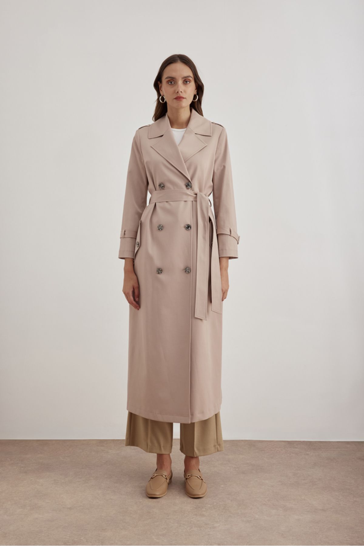 Aker-7648111   - Double-Breasted Trench Coat with Closure and Embroidery Detail 4