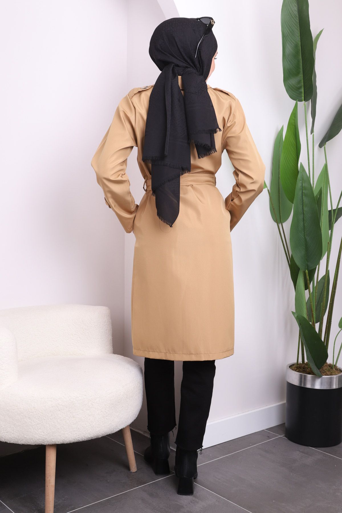 İmajButik-Mink Double-breasted Collar Belted Trench Coat 3