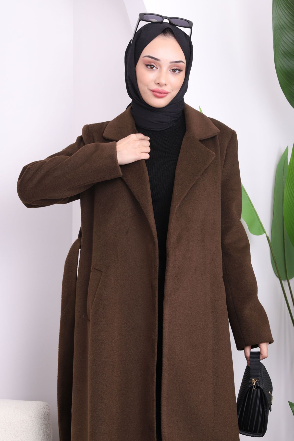 İmajButik-Palton lung cu cusături cu centură maro 3