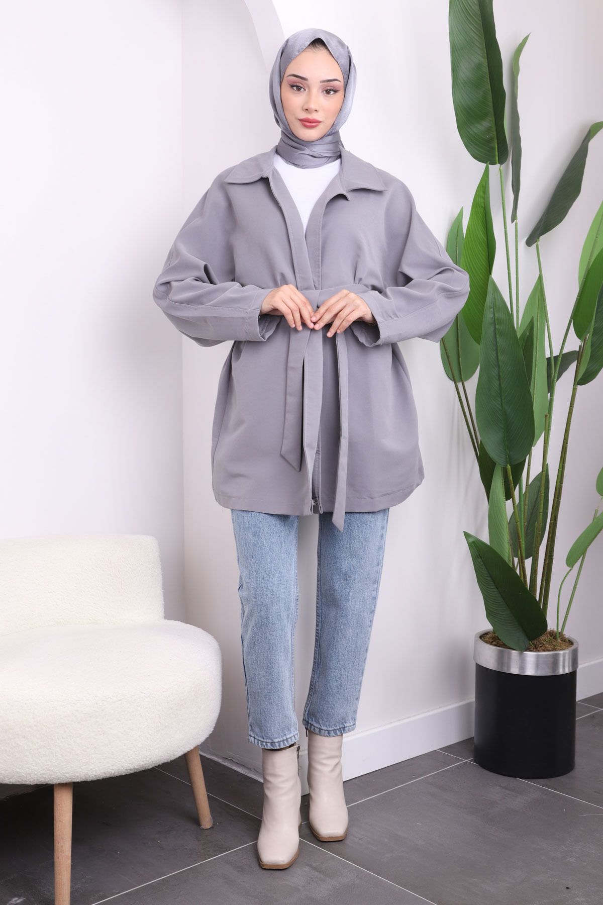 İmajButik-Gray Cape Belted Trench Coat 2