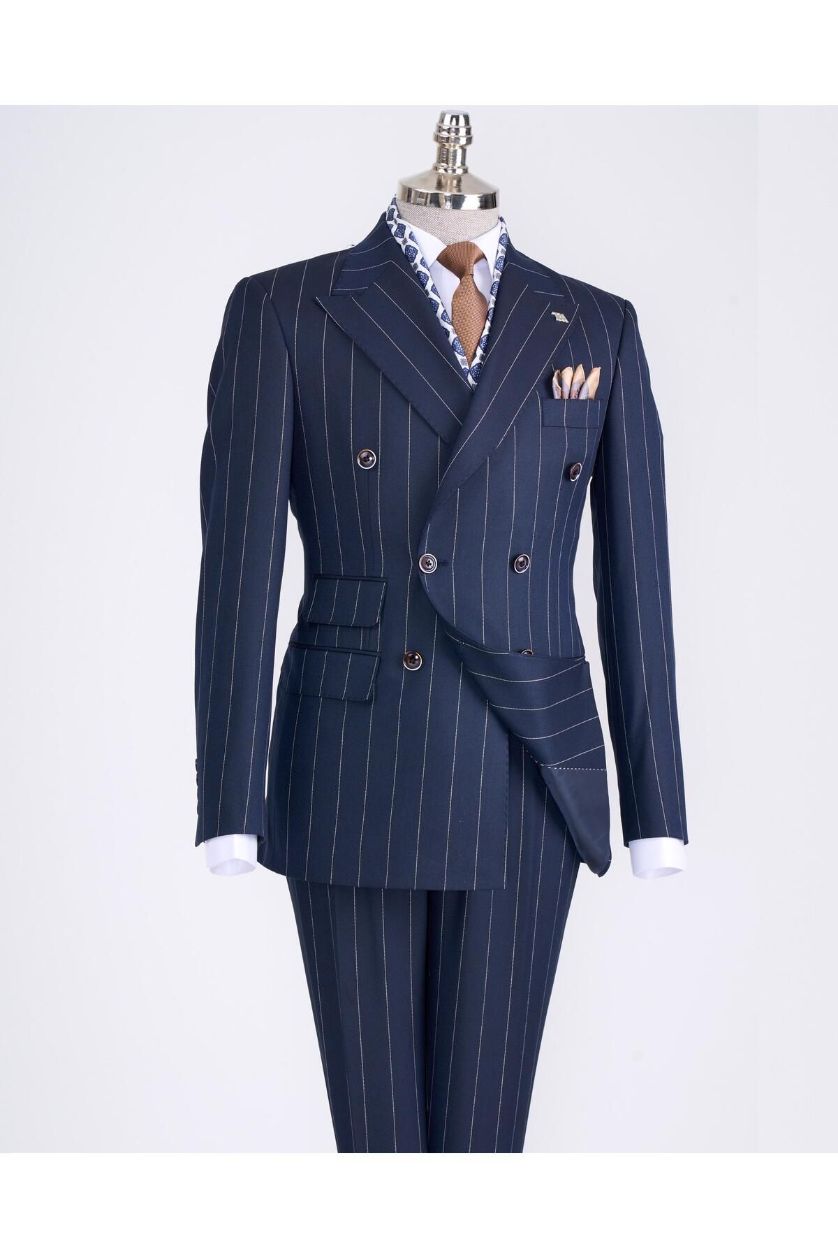 TerziAdemAltun-Navy Blue Italian Style Double Breasted Jacket and Trousers Set - T13301 4