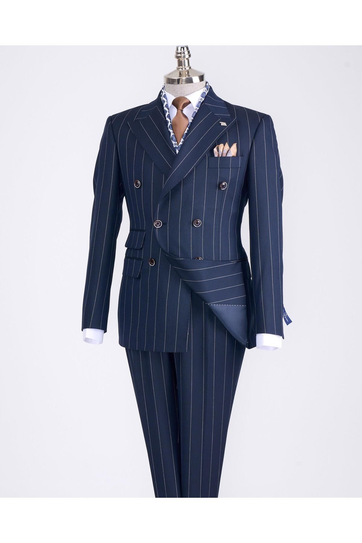 TerziAdemAltun-Navy Blue Italian Style Double Breasted Jacket and Trousers Set - T13301 1