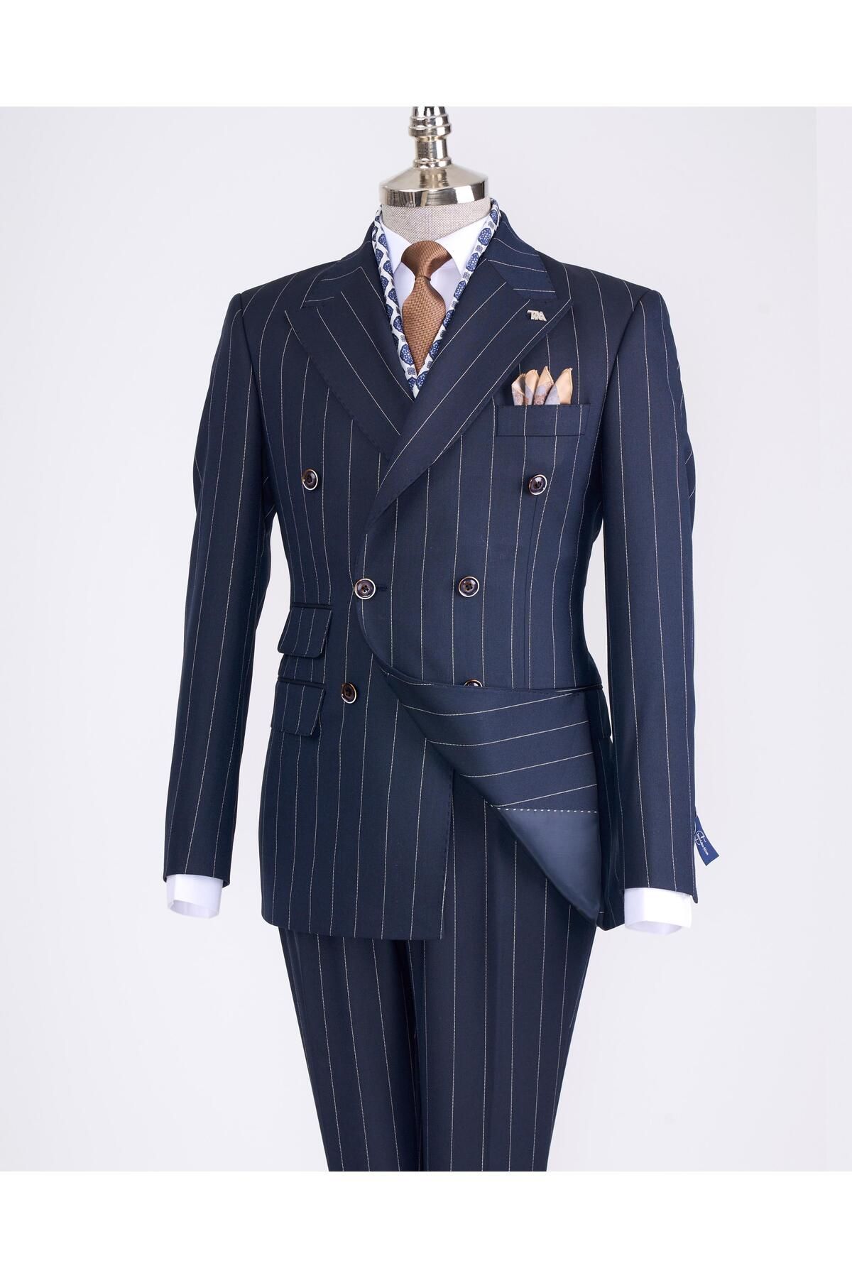 TerziAdemAltun-Navy Blue Italian Style Double Breasted Jacket and Trousers Set - T13301 5