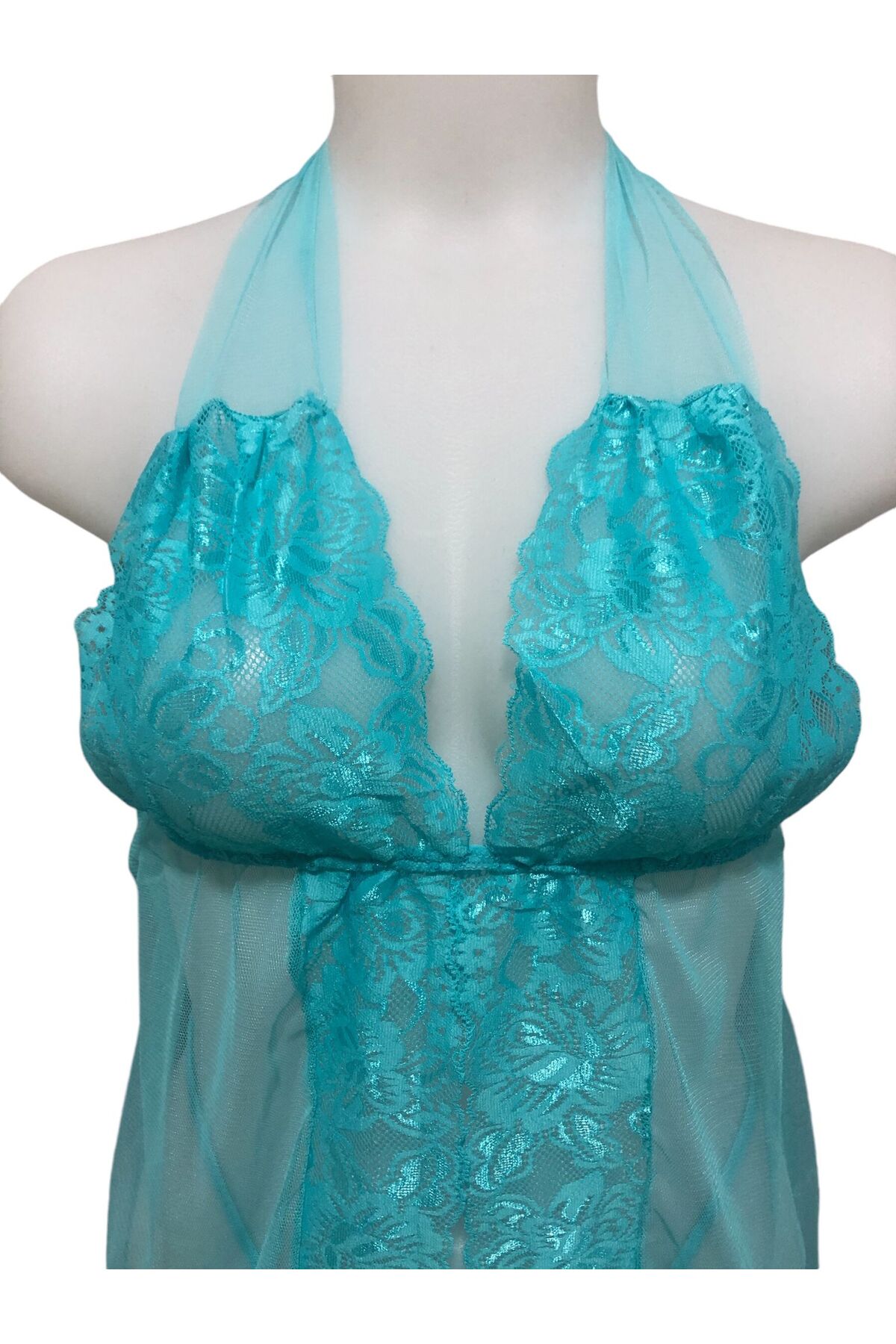 KUMSALDA İNCİ KADIN, TURKUAZ RENGİ  ,TÜL VE DANTEL ŞIK TRANSPARAN GECELİK