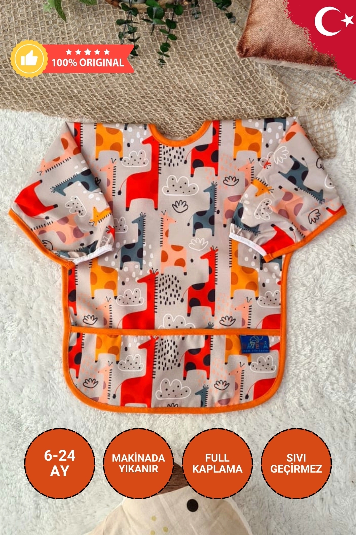Graffe Desenli Sıvı Geçirmez Unisex Aktivite ve Mama Önlüğü 6-24 Ay