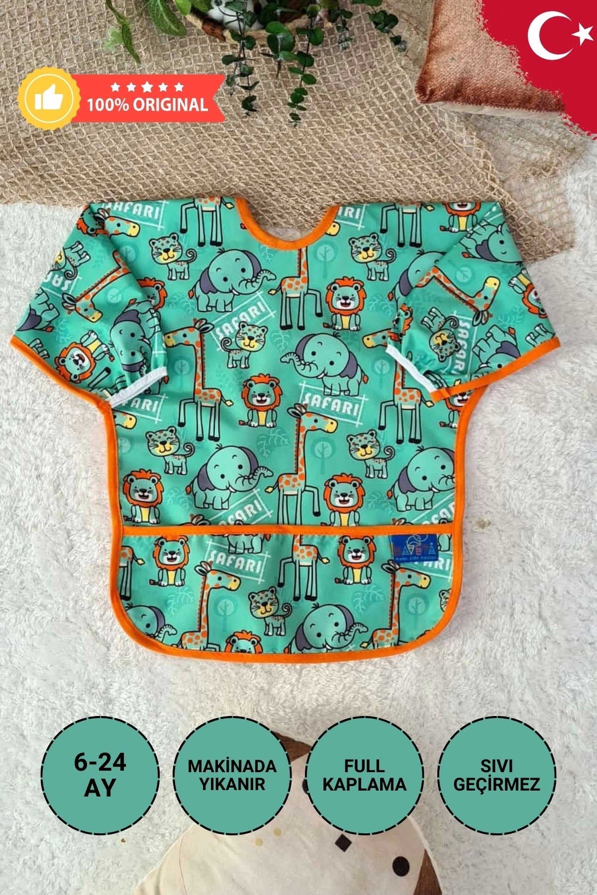 Safari Desenli Sıvı Geçirmez Unisex Aktivite ve Mama Önlüğü 6-24 Ay