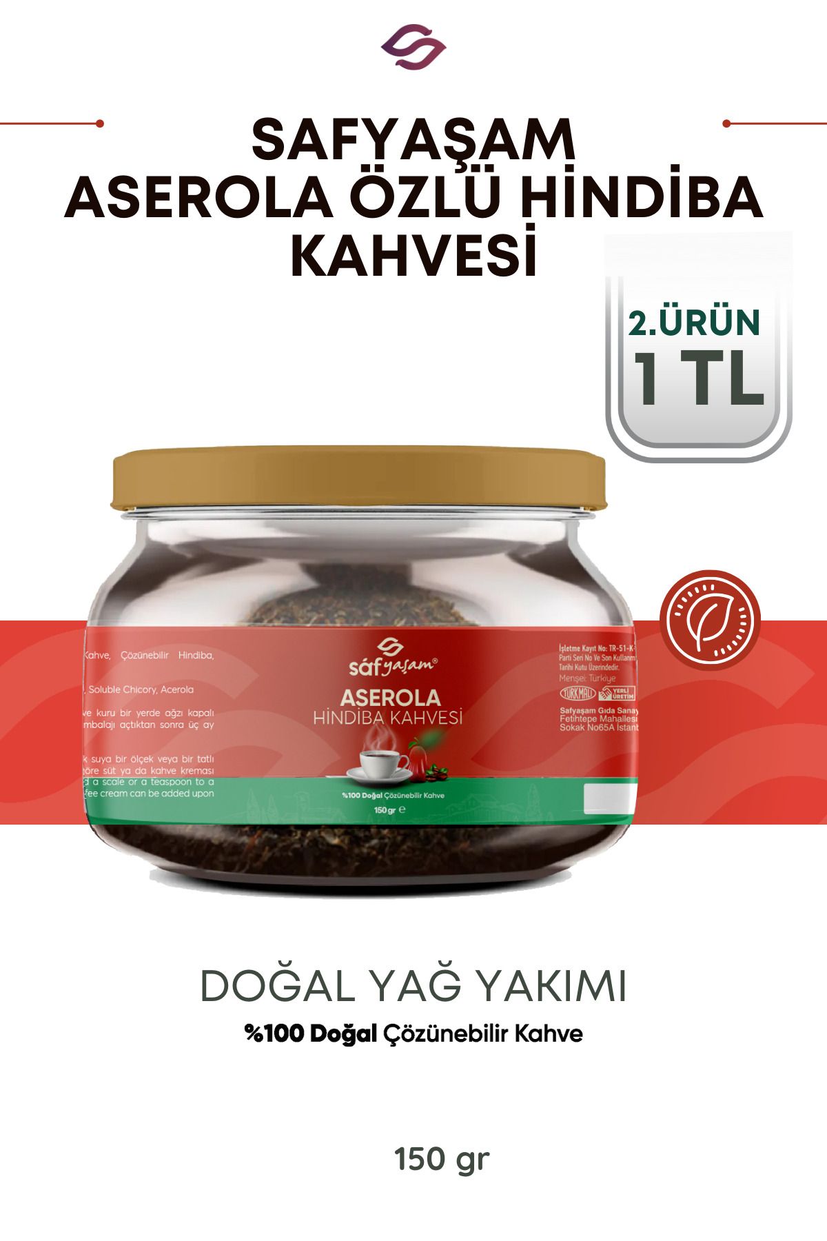 Safyaşam Aserola Özlü Hindiba Kahvesi Diyet Detox Kahve 1 Aylık (60 KULLANİM) Net 150gr