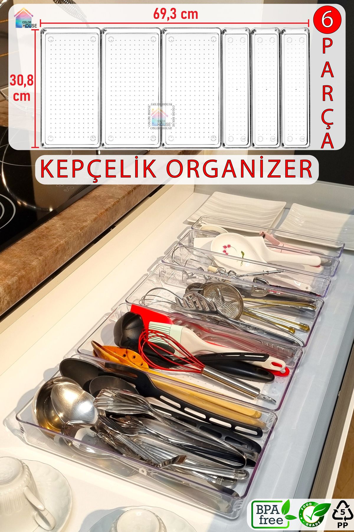 color house 6'lı Set Modüler Kepçelik Kaşıklık Mutfak Çekmece Içi Düzenleyici Makyaj Buzdolabı Organizer