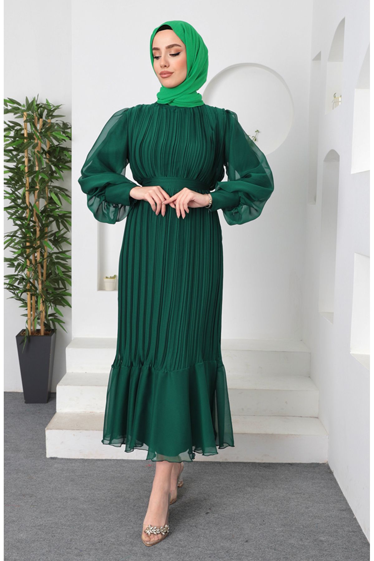 sefamerve-Emerald Green Pleated Janjan Evening Dress - 5510-02 5