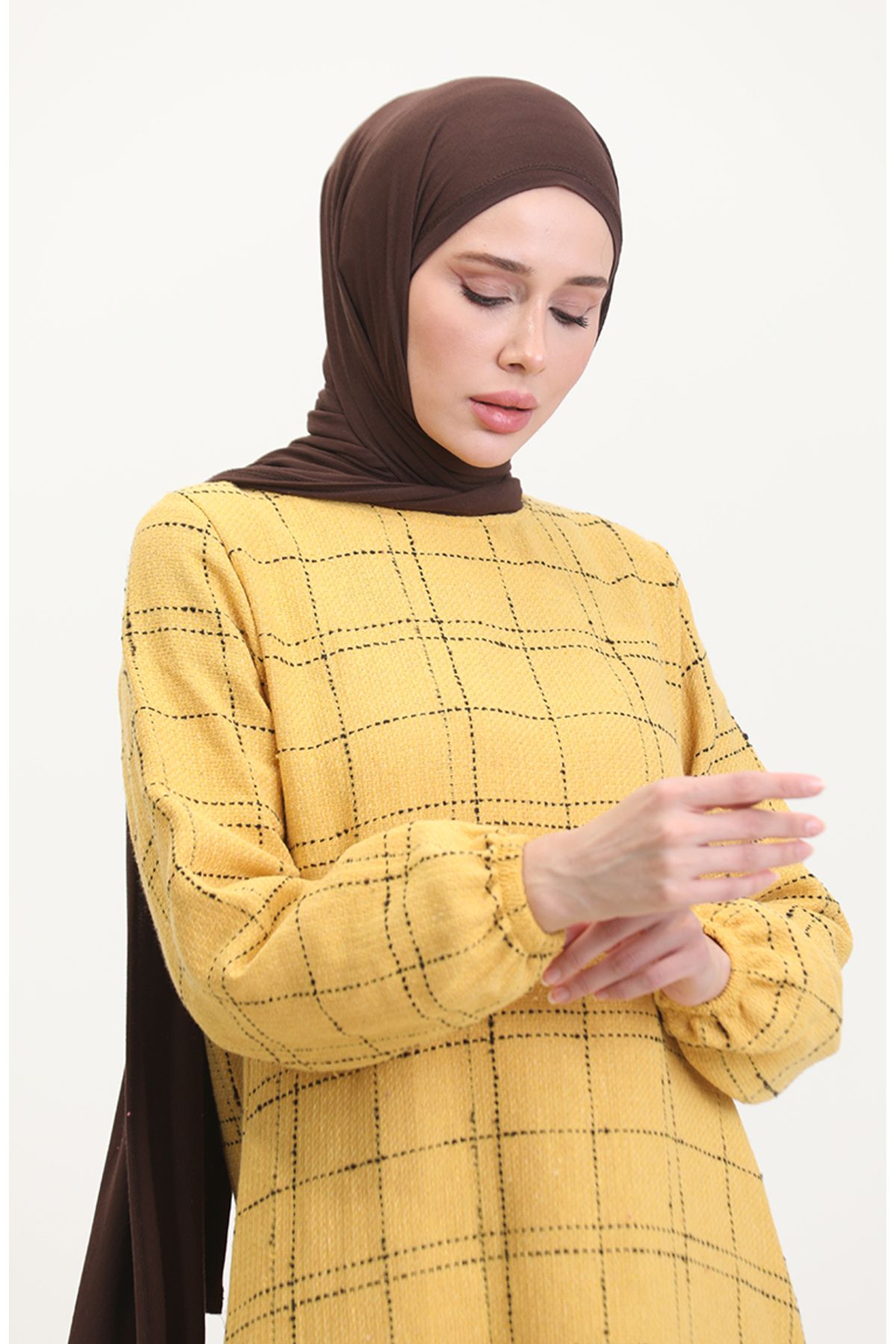 sefamerve-Tweed kockás ruha 0531-04 Sárga 3