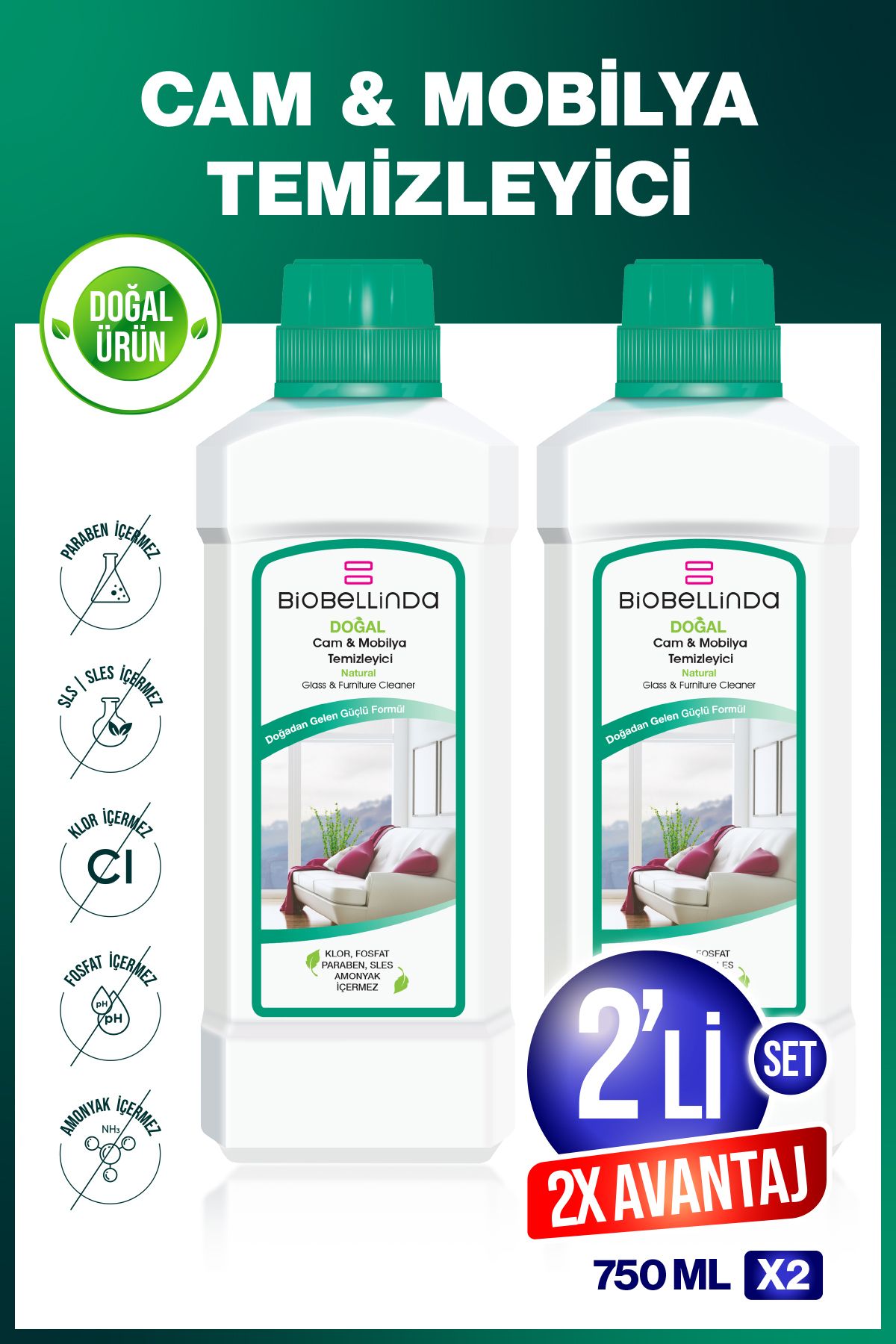 BioBellinda Cam & Mobilya Temizleyici 2x750 ml (2'Lİ SET)