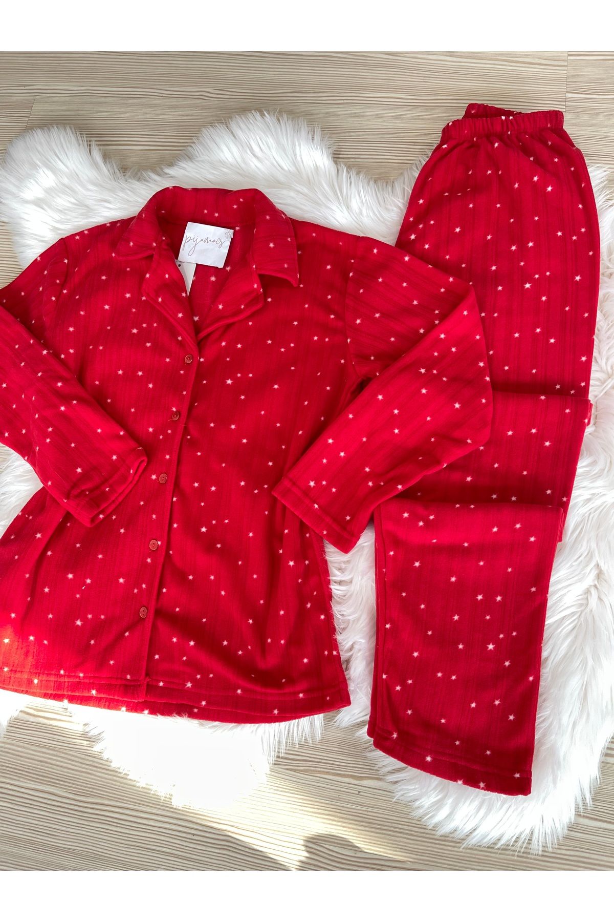 Pijamacs-Fleece Pajama Set - Red Star Pattern, Buttoned Front 7