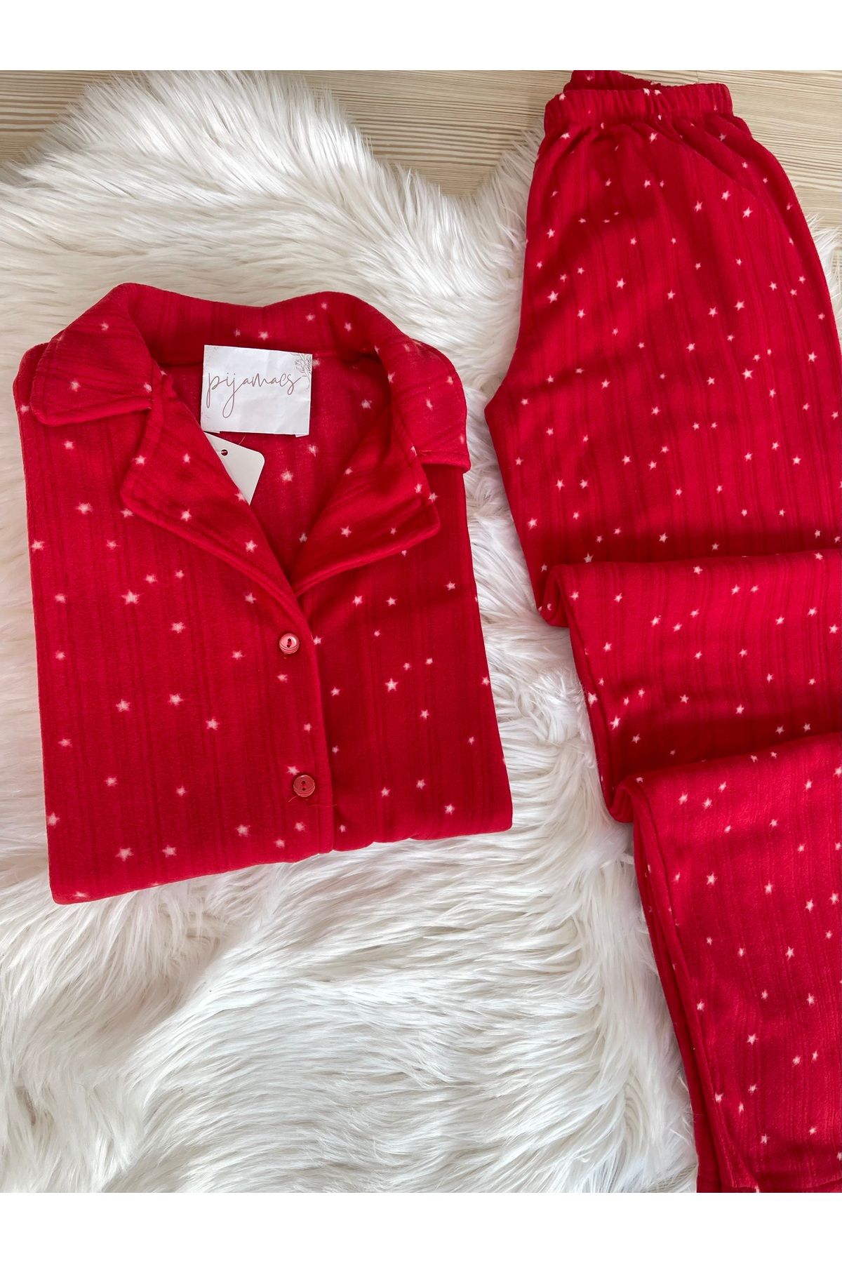 Pijamacs-Fleece Pajama Set - Red Star Pattern, Buttoned Front 4