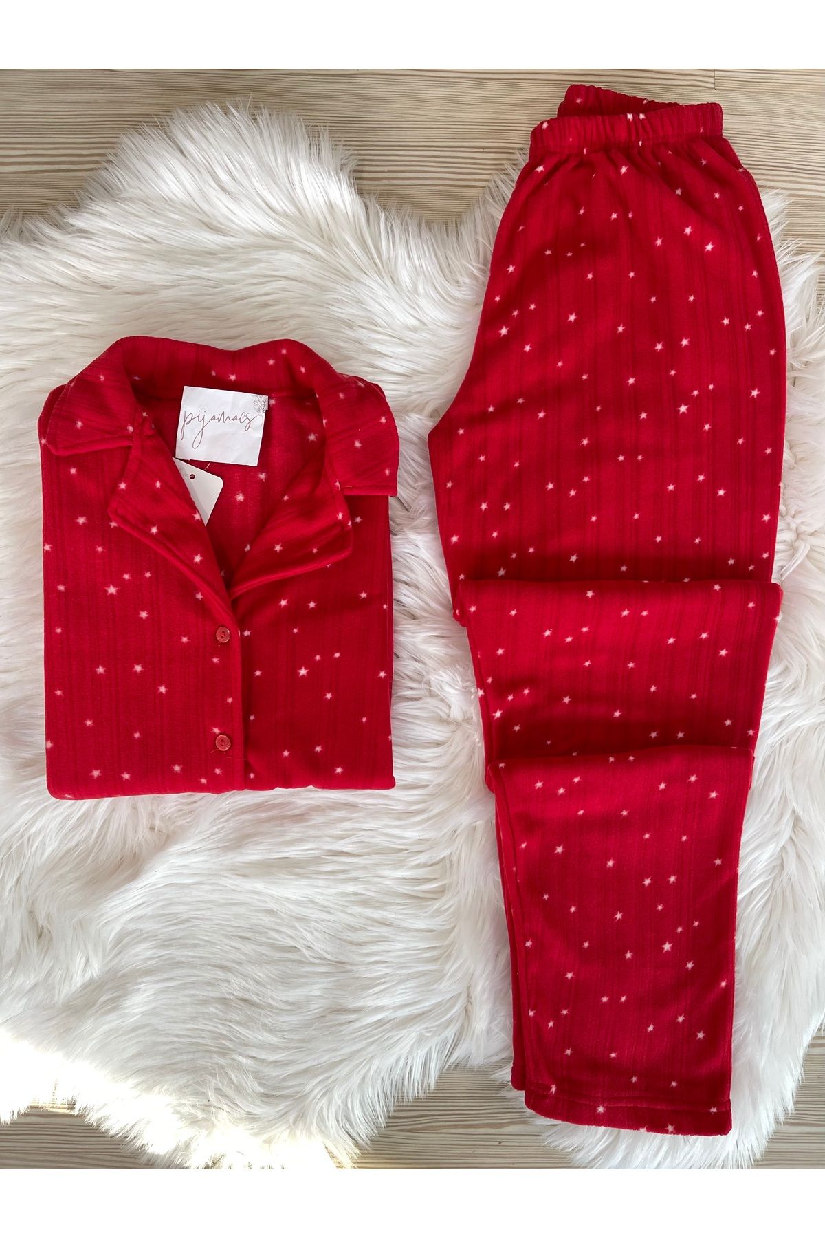 Pijamacs-Fleece Pajama Set - Red Star Pattern, Buttoned Front 1