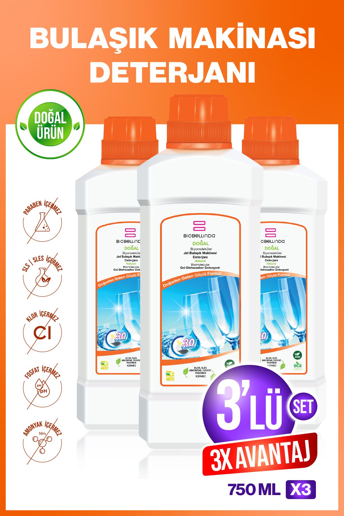 BioBellinda Jel Bulaşık Makinesi Deterjanı 750 ml ( 3'LÜ SET )