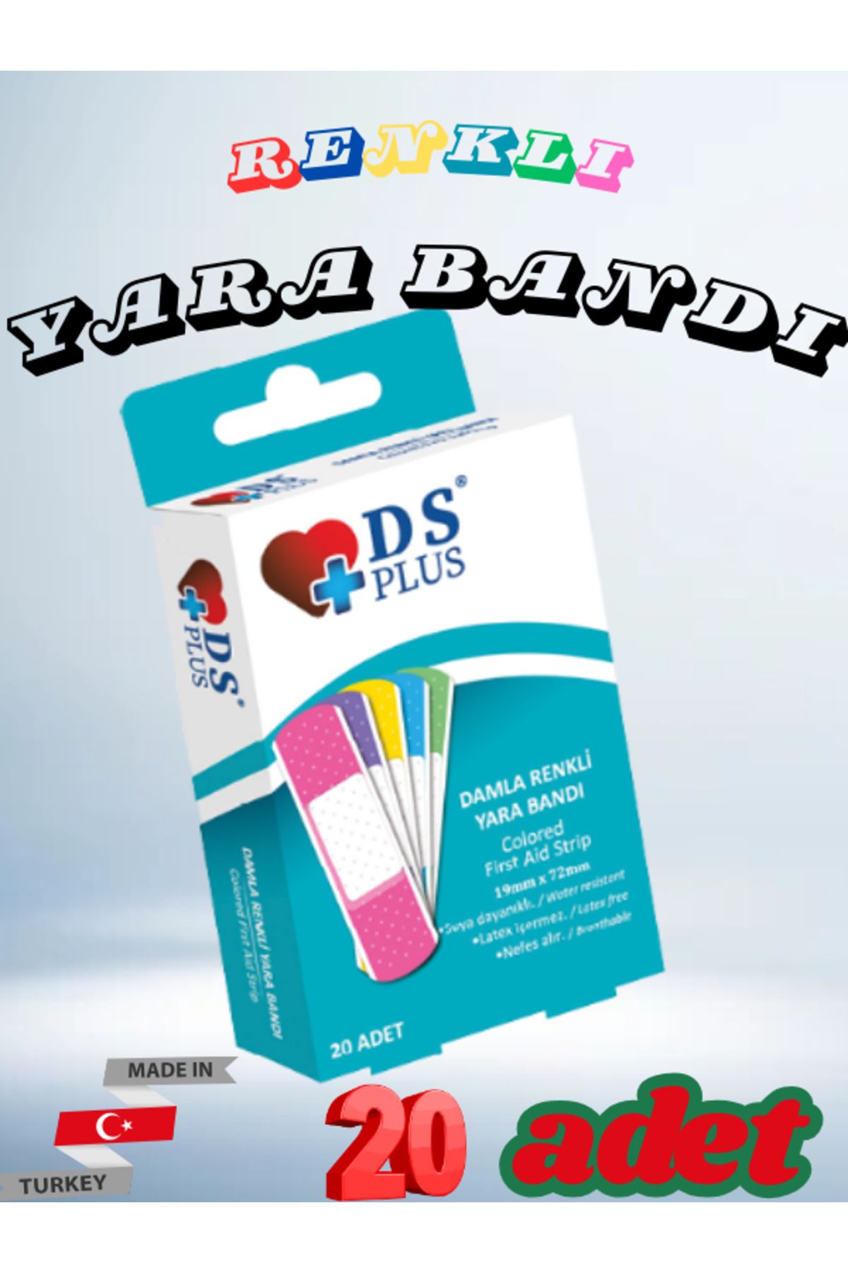 DS Sağlık Yara Bandı RENKLİ Colored First AİD Strip 19mm x 72mm 20 li suya dayanıklı