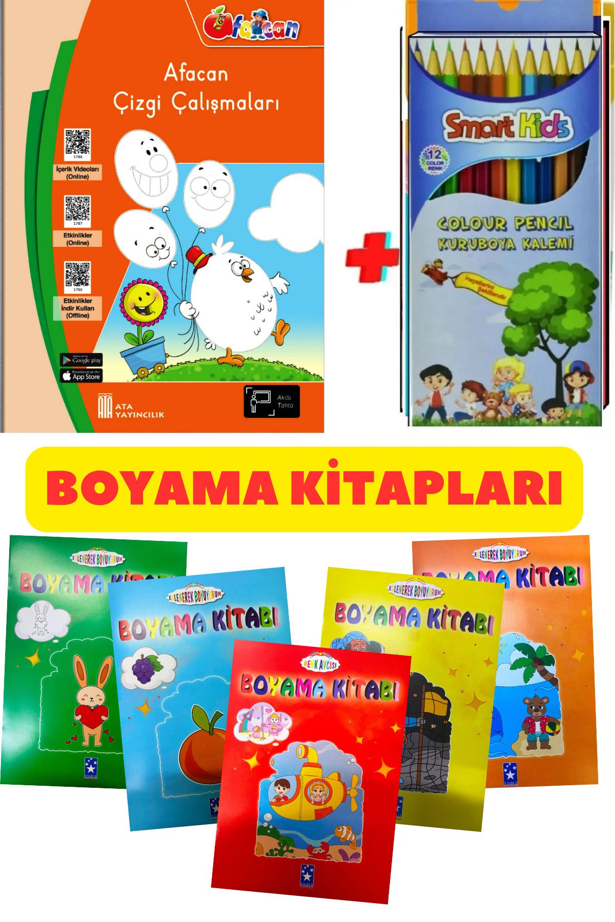 Ata Yayıncılık Çizgi Çalışmaları Şirin Boyama 5'li Kitap Seti 12'li Kuru Boya Seti