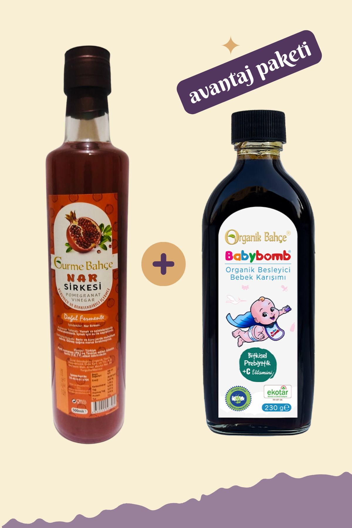 Gurme Bahçe Nar Sirkesi 500 ml + Babybomb Organik Besleyici Bebek Şurubu 260gr (Anne-Bebek Paketi)