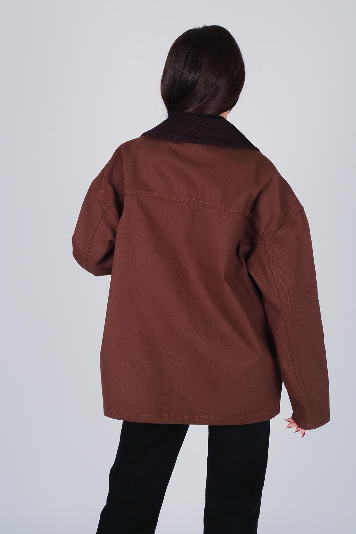 FACETTE-Women's Bitter Brown Collar Velvet Detailed Gabardine Jacket 4