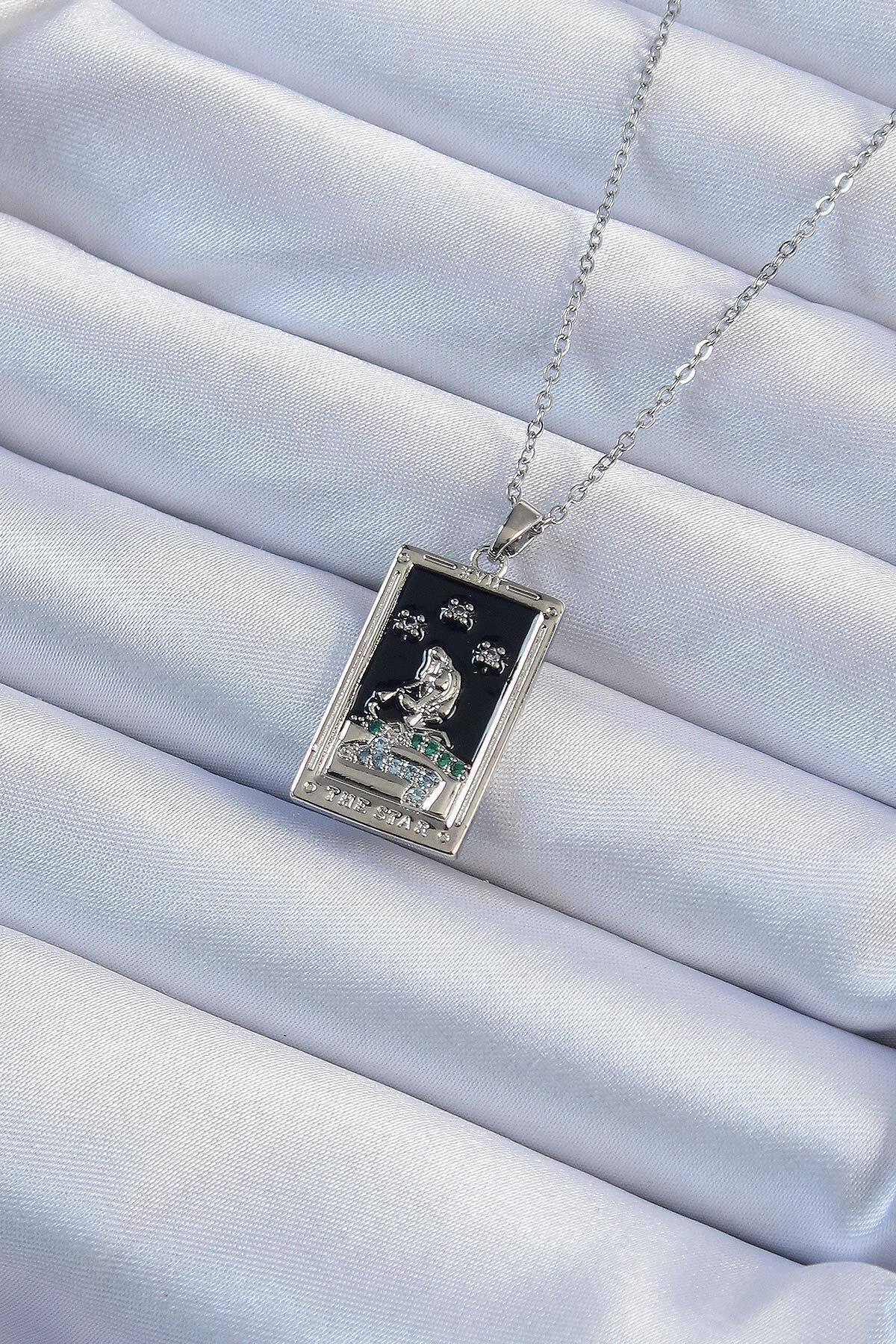 KfksStore 316L Çelik Zincir Gümüş Renk Zirkon Taşlı Siyah Mineli Kız Figürlü Tarot Kolye