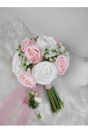Buketlife Pembe beyaz gelinbuketi gelinçiçeği ve yakaçiçeği