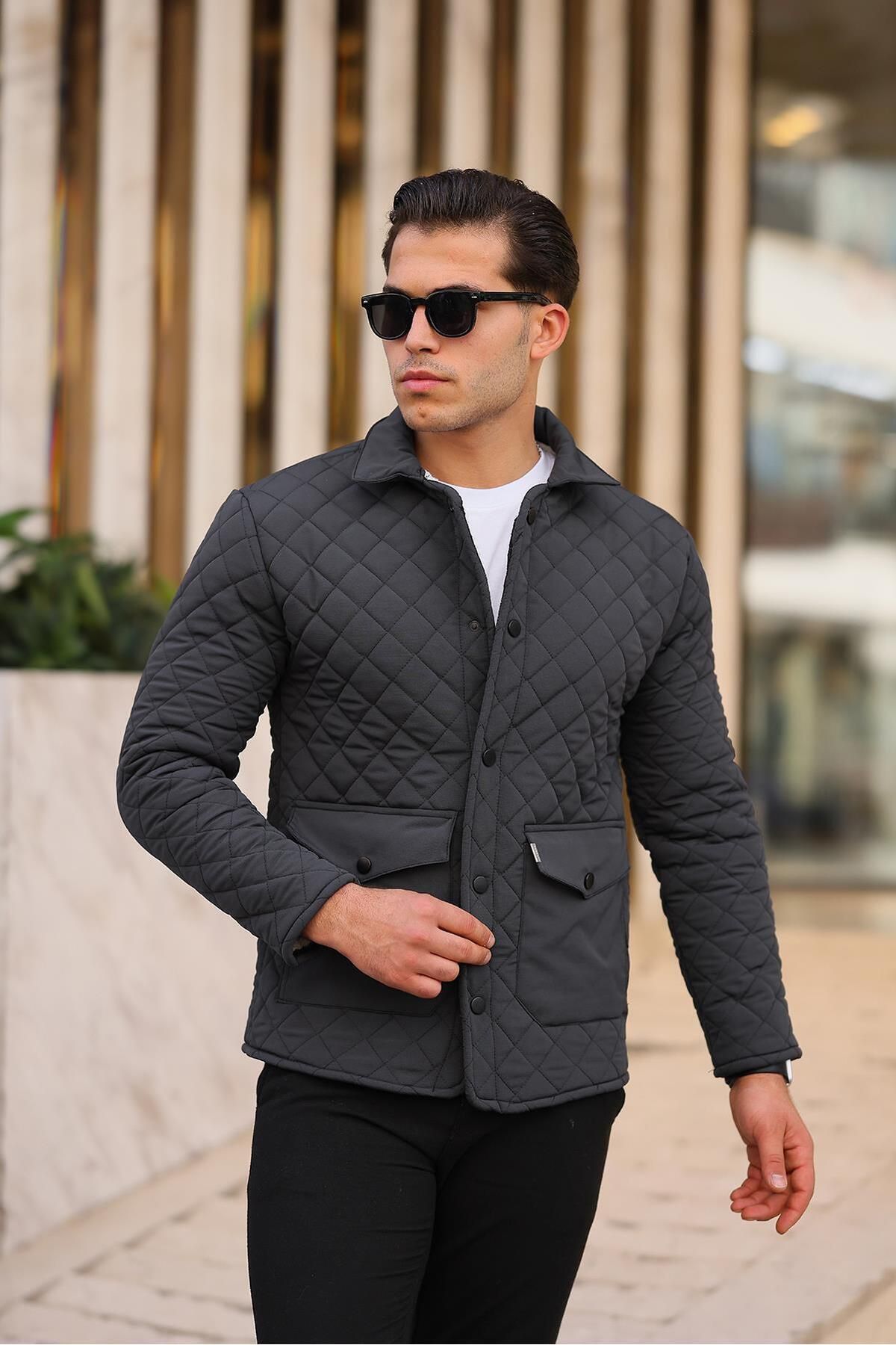 Pobudo-Quilted Smoked Color Men's Jacket with Fur Inside 3