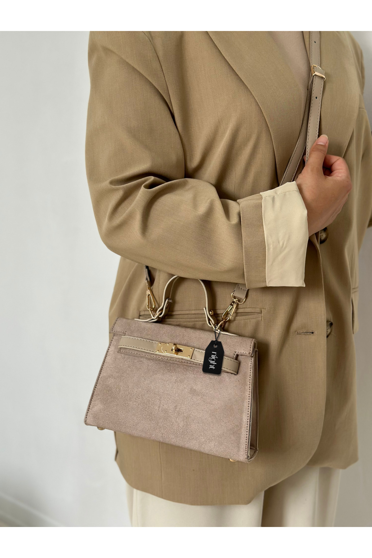 Night-Γυναικεία τσάντα χεριού και ώμου Natalie Model Suede Cream 3