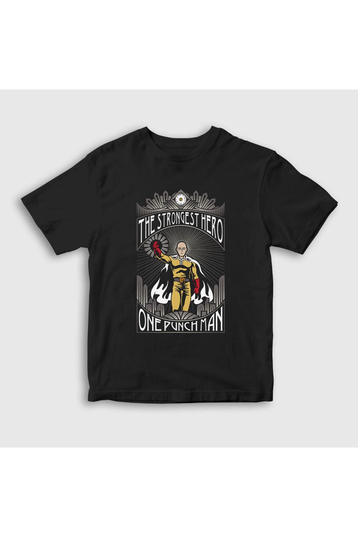 Presmono Tricou Unisex Pentru Copii, Negru, Cel Mai Puternic Anime One Punch Mantt Unisex - 7-8 ani