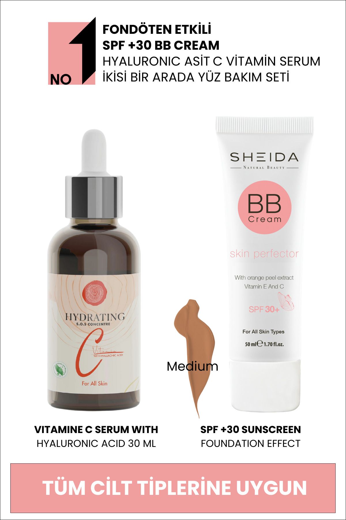 Sheida Bb Cream Yüksek Kapatıcılık Bb Krem Ve Hyaluronic Asit C Vitamin Konsantre Serum Bakım Seti