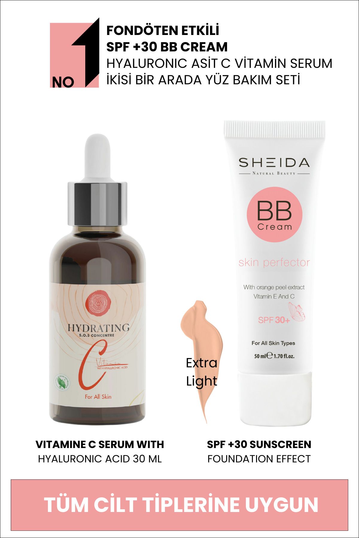 Sheida Bb Cream Yüksek Kapatıcılık Bb Krem Ve Hyaluronic Asit C Vitamin Serum Bakım Seti - Extra Light