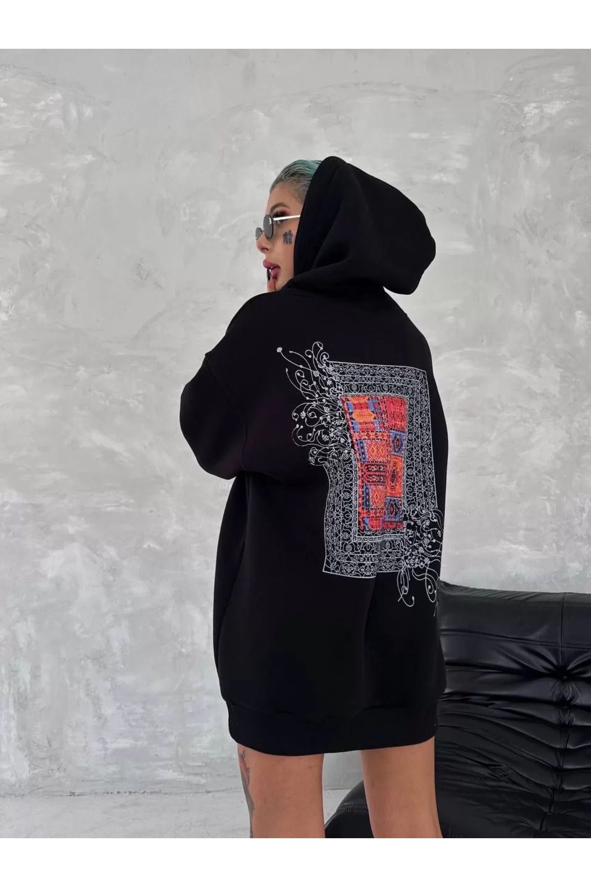 SA Alişveriş Dünyam Uzun Kol Kapüşonlu Ön Ve Arka Baskılı SweatShirt - Siyah