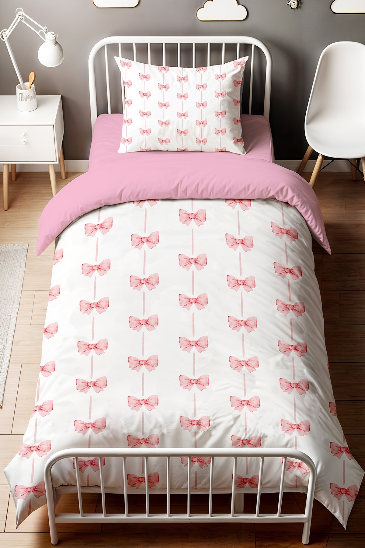 Evpanya Pembe Şeritli Fiyonk Desenli Tek Kişilik Bebek Çocuk Nevresim Seti fotoğrafı 2 (önizleme)