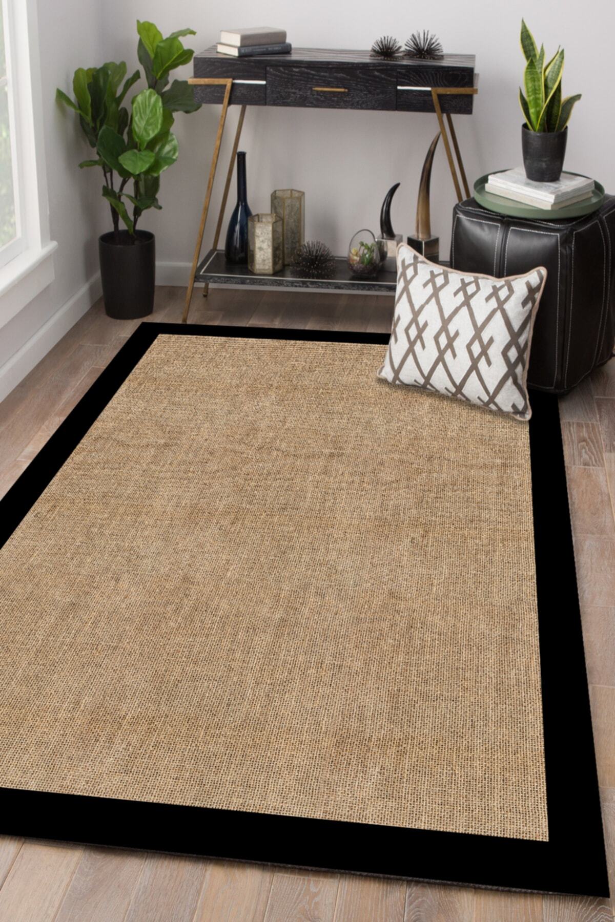 COZIE HOME Dijital Baskılı Kaymaz Taban Makinede Yıkanabilir Jüt Hasır Halı Görünümlü Siyah Çizgili Halı-7027 fotoğrafı 2 (önizleme)
